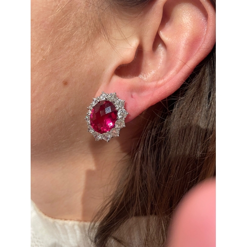 67 - An impressive pair of pink tourmaline and brilliant cut diamond cluster earringsThe oval briollete p... 