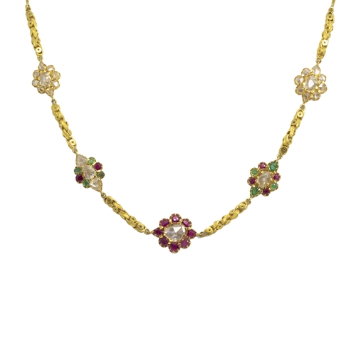 93 - Indian styleCirca 1980An attractive rose-cut diamond, emerald and ruby cluster necklaceMounted as a ... 