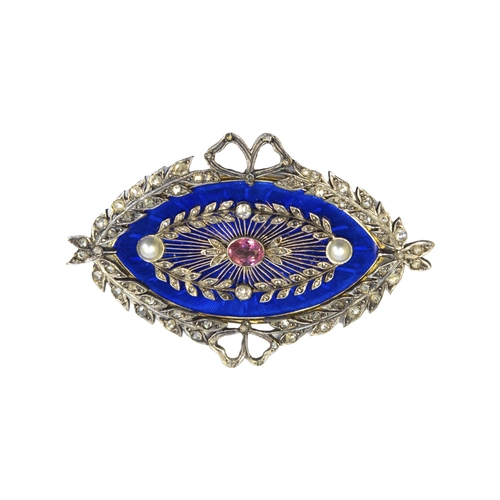 115 - Feodor LorieRussianBelle Epoque (Circa 1910)A diamond, pearl and pink sapphire plaque broochThe nave... 