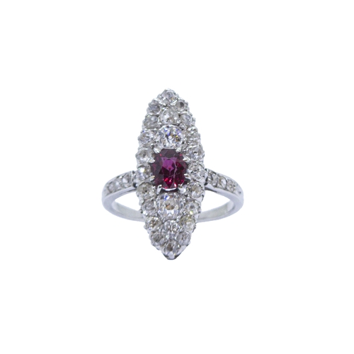 117 - FrenchArt NouveauA fine Burmese ruby, platinum and diamond ringThe navette shaped diamond cluster se... 