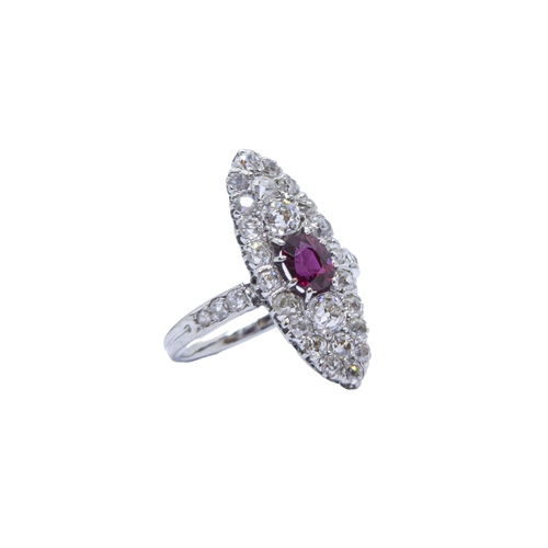 117 - FrenchArt NouveauA fine Burmese ruby, platinum and diamond ringThe navette shaped diamond cluster se... 