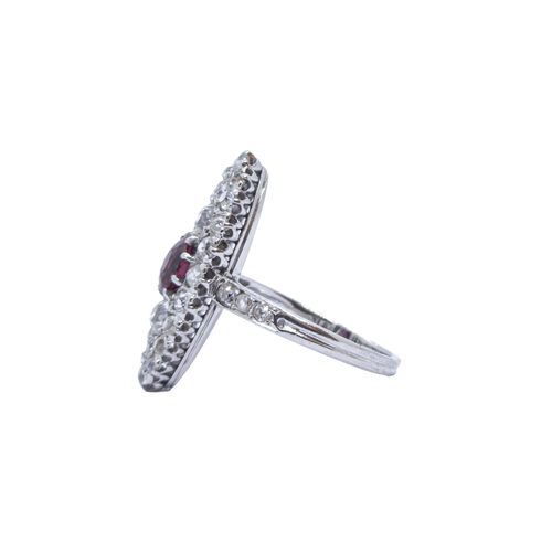 117 - FrenchArt NouveauA fine Burmese ruby, platinum and diamond ringThe navette shaped diamond cluster se... 