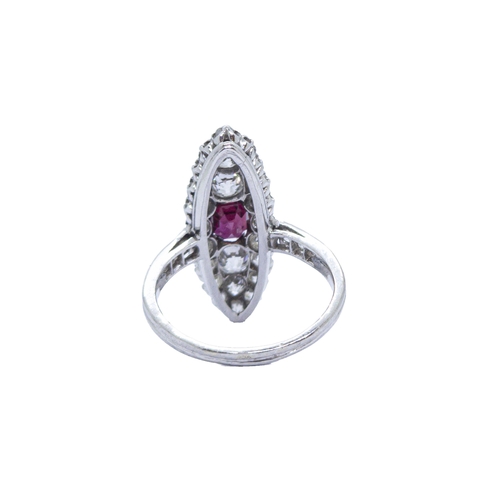 117 - FrenchArt NouveauA fine Burmese ruby, platinum and diamond ringThe navette shaped diamond cluster se... 