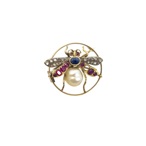 138 - EuropeanCirca 1880A natural pearl, ruby, sapphire and diamond bug broochThe thorax formed as a large... 