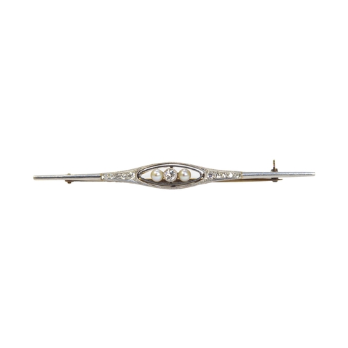 146 - BritishEdwardianA diamond, pearl, gold and platinum bar broochWeight: Approx. 5.21 gramsDimensions: ... 