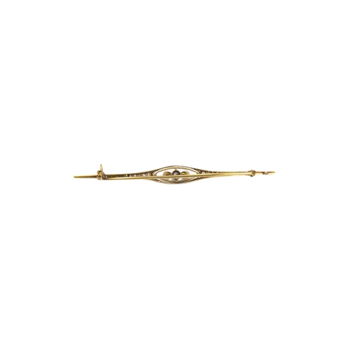 146 - BritishEdwardianA diamond, pearl, gold and platinum bar broochWeight: Approx. 5.21 gramsDimensions: ... 