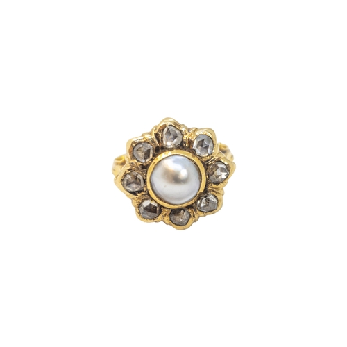 152 - ContinentalCirca 1850A rose-cut diamond and half pearl cluster ringThe central pearl surrounded by 8... 