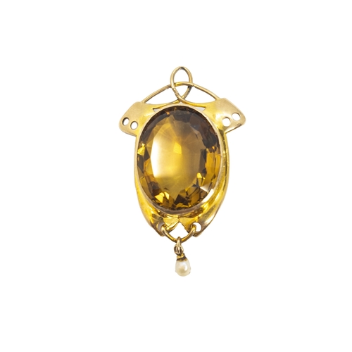 162 - BritishArt NouveauA citrine and yellow gold pendantThe setting with a small natural pearl drop, in t... 