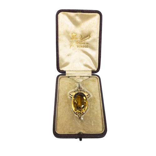 162 - BritishArt NouveauA citrine and yellow gold pendantThe setting with a small natural pearl drop, in t... 