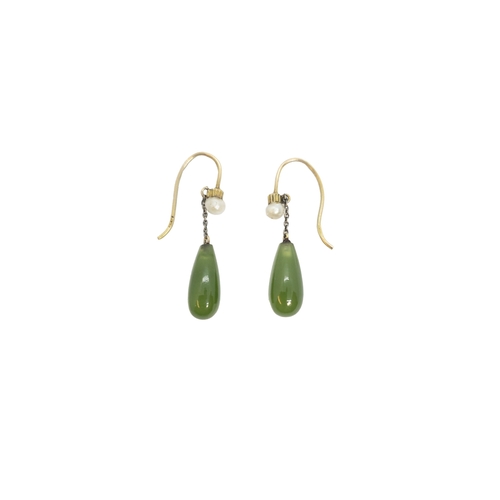 211 - Circa 1900A pair of natural pearl and jade pipkin drop earringsThe small natural pearl tops with pip... 