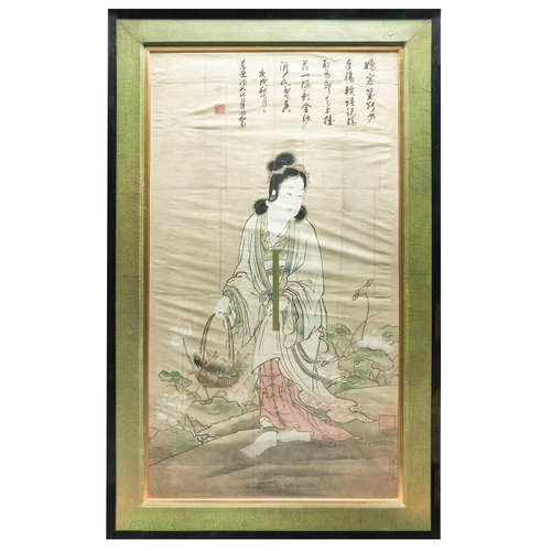 345 - 18th CenturyJapanesePortrait of a lady with a basket and koi fishDimensions:(Frame) 78 in. (H) x 47 ... 