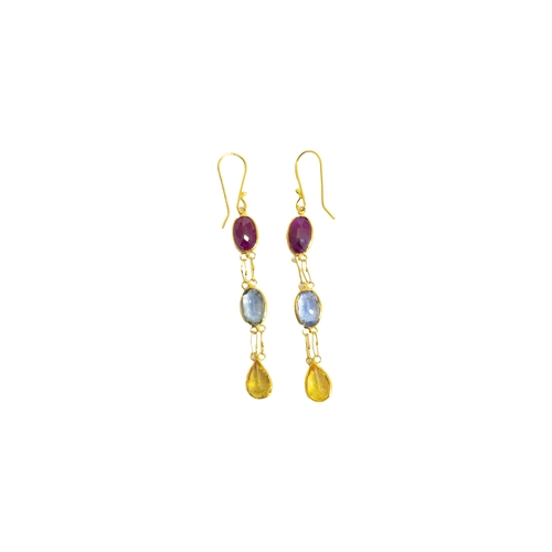 181 - ContemporaryA pair of multicoloured sapphire pendant earringsEach earring comprising of 4 oval and 2... 