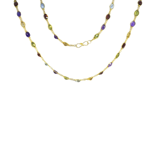 182 - ContemporaryA multi gem set and 14 carat yellow gold long chain necklaceComprising 59 oval shaped co... 