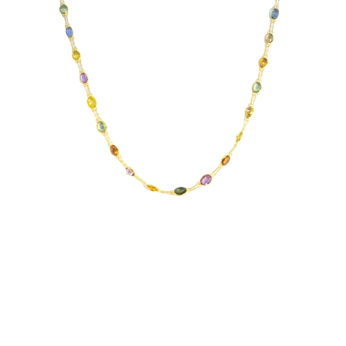 185 - ContemporaryA multi-coloured sapphire and 14 carat yellow gold long chainComprising 84 graduated ova... 