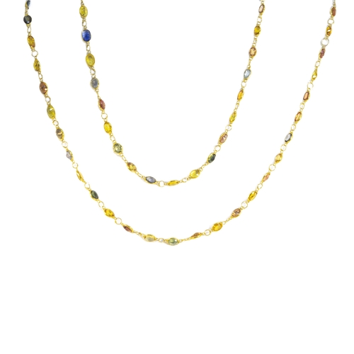 186 - ContemporaryA multi coloured sapphire and 14 carat gold necklaceComprising 43 graduated oval shaped ... 