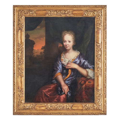 412 - Circa 1680Attributed to Constantine NetcherLady with a pearl earringOil on Canvas in carved gilt woo... 