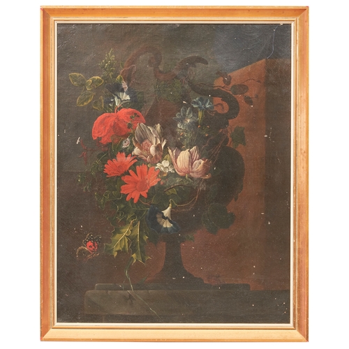 432 - Continental18th CenturyStill life on a stone ledge, with flowers in an urn, a butterfly, and landsca... 