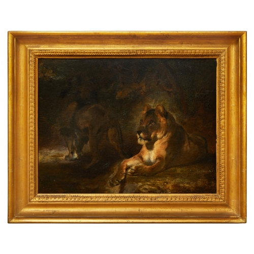 446 - William Huggins (1820 - 1884)A lion and a lioness in a landscapeOil on panel Signed and dated, ... 