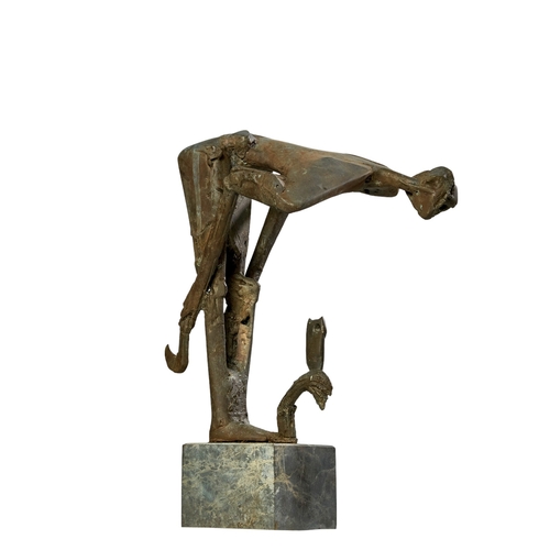 506 - Alexander Haitov (b. 1954), BulgarianA metal sculpture of a farmer and scythe looking over an owl an... 