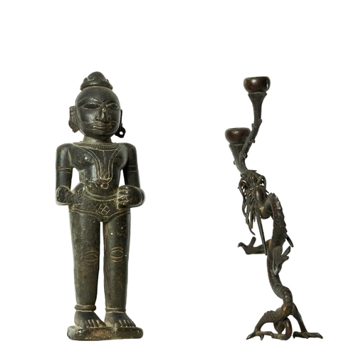 508 - A lot of two objectsTo include:[a] A Chinese dragon bronze candlestick[b] An antique figure of an In... 