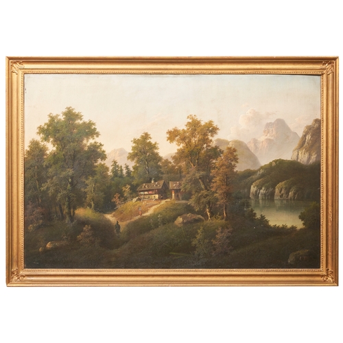 518 - AustrianCirca 1860An Austrian mountain view with chalet and figuresOil on canvasDimensions:... 