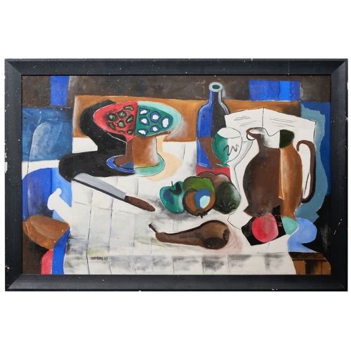 539 - Stella Mertens (1896 - 1986)Still life with fruit and jugs, 1961Signed lower left, 'Mertens 61'Inscr... 