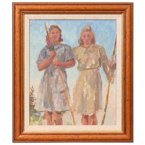 577 - Alexei Sokolov (1912 - 2004)Two Farm Girls, 1950Oil on boardWith gallery label versoDimensions:(Pane... 