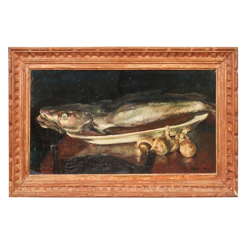 579 - FrenchEarly 19th CenturyStill life with a fish and mushroomsSigned indistinctly, lower rightOil on b... 