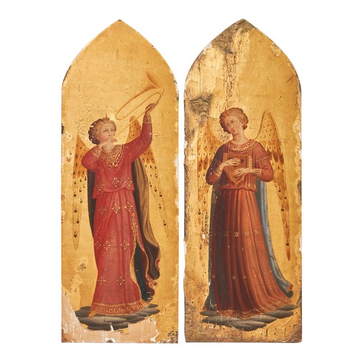 420A - 19th CenturyRomoli C. L.A pair of gilded panels depicting celestial angels with instrumentsOil on pa... 