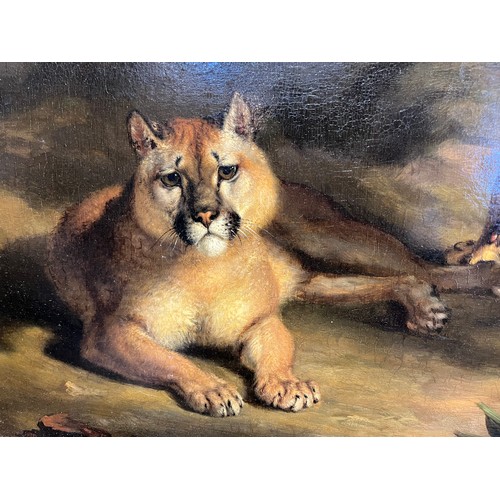 445 - William Huggins (1820 - 1884)Two pumas in a landscapeOil on panelSigned and dated, 'W. Huggins 1840'... 