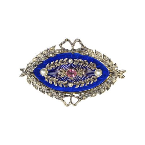 19 - Feodor LorieRussianBelle Epoque (Circa 1910)A diamond, pearl and pink sapphire plaque broochThe nave... 