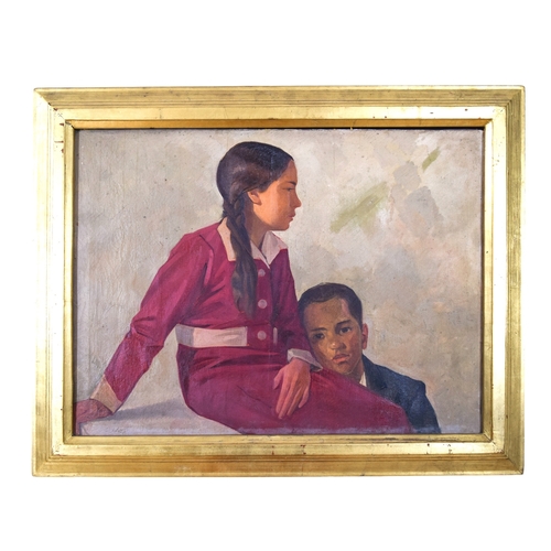 211 - Middle Eastern SchoolCirca 1920A double portrait of two childrenOil on canvasSigned in Arabic verso ... 