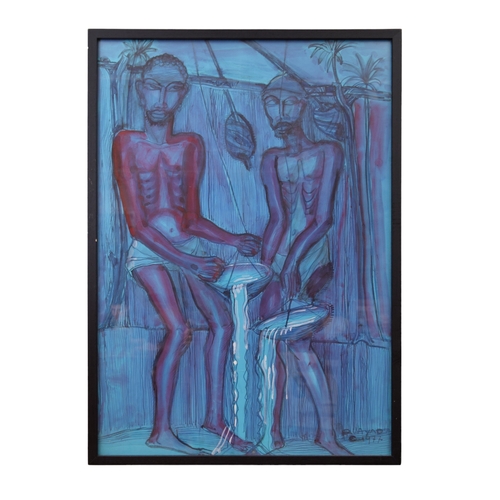 254 - Ragheb Ayad (Egyptian, 1882 - 1982)Figures drawing water from a well, 1977Mixed media on paperSigned... 