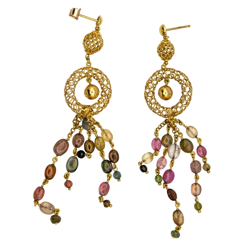 43 - EuropeanContemporaryA pair of multi gem set and yellow metal pendant earringsWeight: Approx. 11.53 g... 