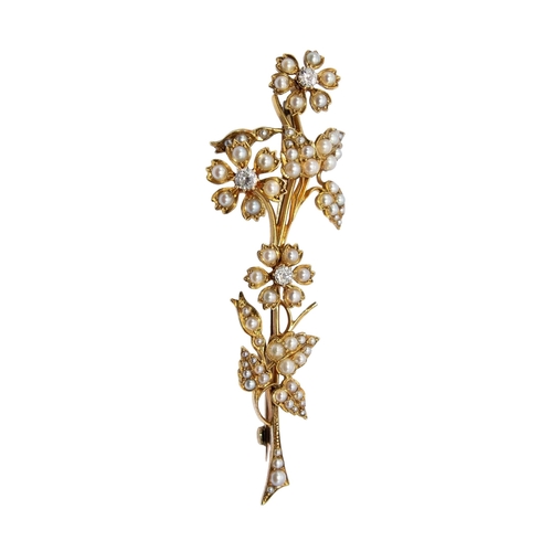 49 - BritishCirca 1880A pretty diamond split pearl and flower gold spray broochWeight: Approx. 10.88 gram... 