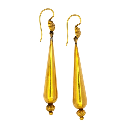 50 - BritishCirca 1860A pair of antique yellow gold pipkin drop earringsWeight: Approx. 3.90 gramsDimensi... 