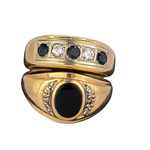 57 - EuropeanCirca 1970A sapphire, diamond and yellow metal five stone ringWith an onyx diamond signet ri... 