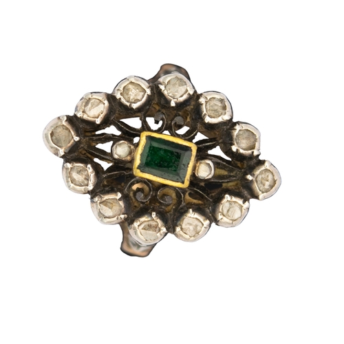 64 - ItalianCirca 1950A navette shaped emerald and rose cut diamond cluster dress ringMounted in gold and... 