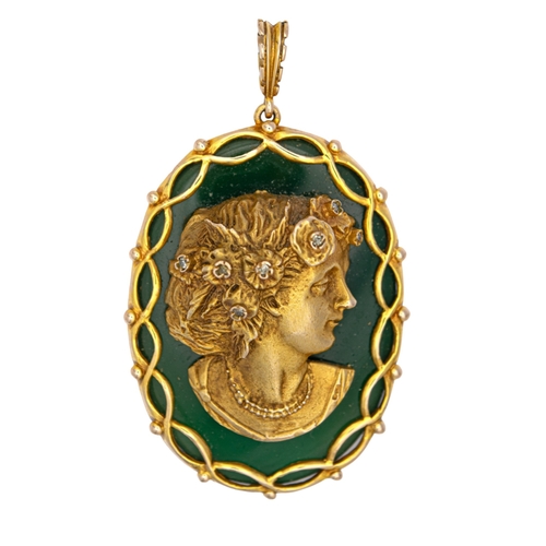 77 - BritishCirca 1970A green agate, yellow gold and diamond set pendantThe oval shaped stained green aga... 