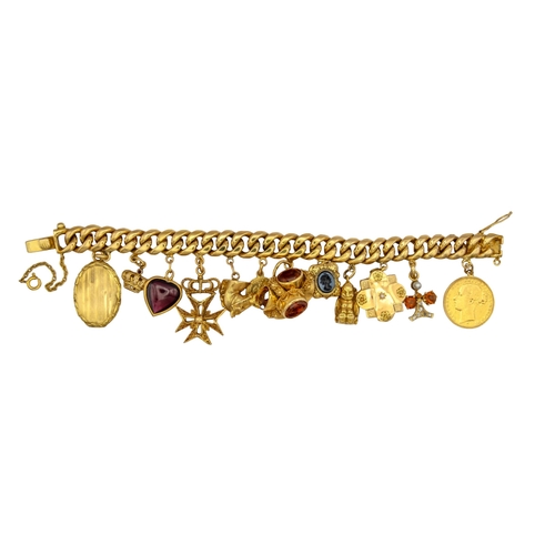 9 - EuropeanCirca 1960A fine yellow gold curb link charm braceletSet with twelve various gold and gem se... 