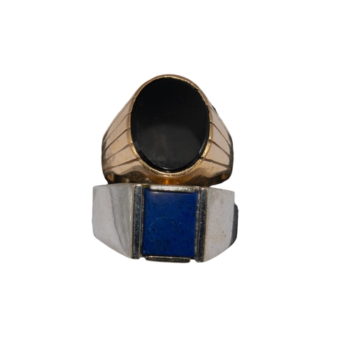 95 - AmericanCirca 1960A white gold and lapis lazuli signet ring (ring size R)And an onyx and yellow meta... 