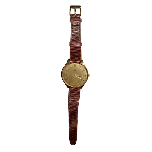 97 - OmegaAmerican MarketCirca 1940An oversized 14 carat rose-coloured gold bumper wristwatch with satin ... 