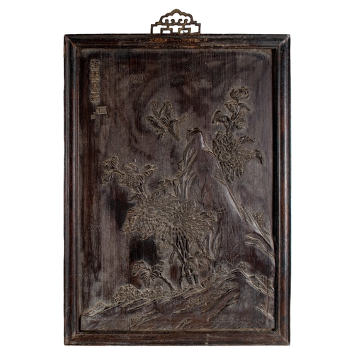 680 - ChineseCirca 1920Four carved hardwood panels depicting various floral scenes with exotic birds and m... 