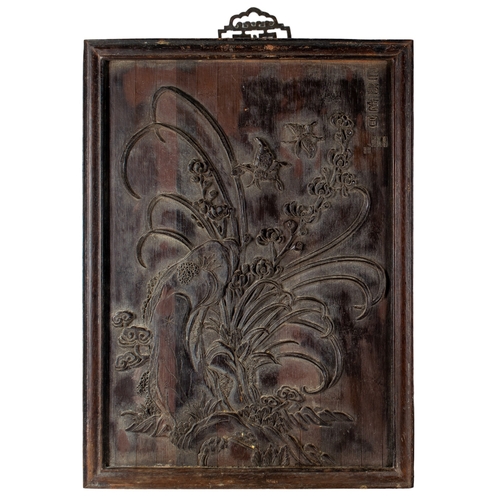 680 - ChineseCirca 1920Four carved hardwood panels depicting various floral scenes with exotic birds and m... 