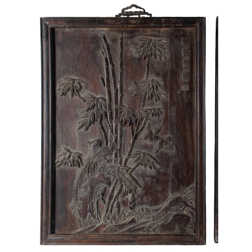 680 - ChineseCirca 1920Four carved hardwood panels depicting various floral scenes with exotic birds and m... 