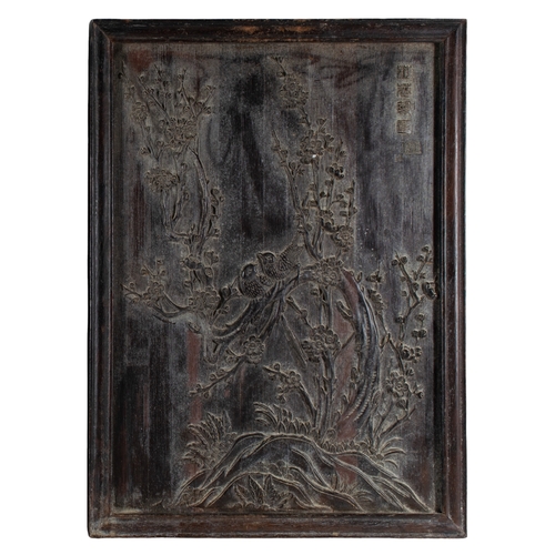 680 - ChineseCirca 1920Four carved hardwood panels depicting various floral scenes with exotic birds and m... 