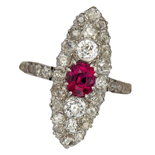 35 - FrenchArt NouveauA fine ruby, platinum and diamond ringThe navette shaped diamond cluster set to the... 