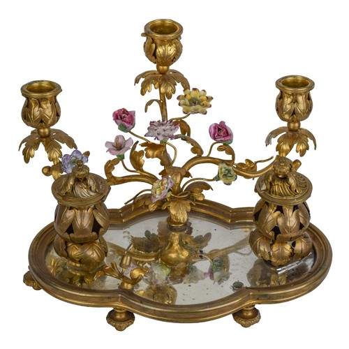 663 - French19th CenturyA bronze mirrored floral candelabra inkwellWith twining painted porcelain flowers&... 