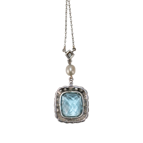 1 - EuropeanCirca 1920An aquamarine diamond and pearl pendantThe cushion shaped mixed cut aquamarine col... 