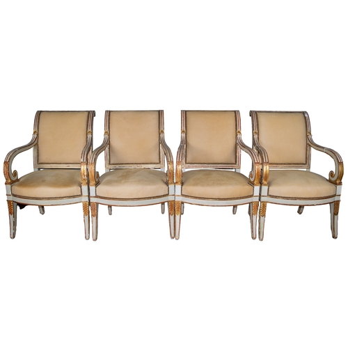 130 - French EmpireCirca 1805Four white painted and parcel gilt fauteuilsEach with a curved padded backres... 